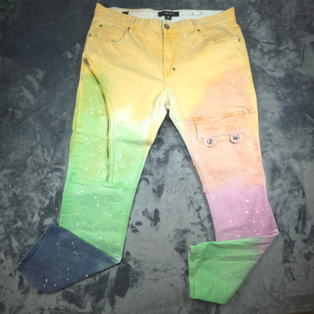 AKOO Skulk Mens Ombre Tie Dye Paint Splatter Cargo Zipper Denim Jeans Size 40